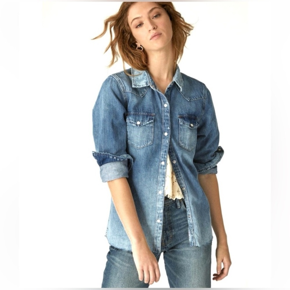LUCKY BRAND WESTERN SNAP FRONT COTTON DENIM SHIRT TOP BUTTON DOWN SIZE‎ XS